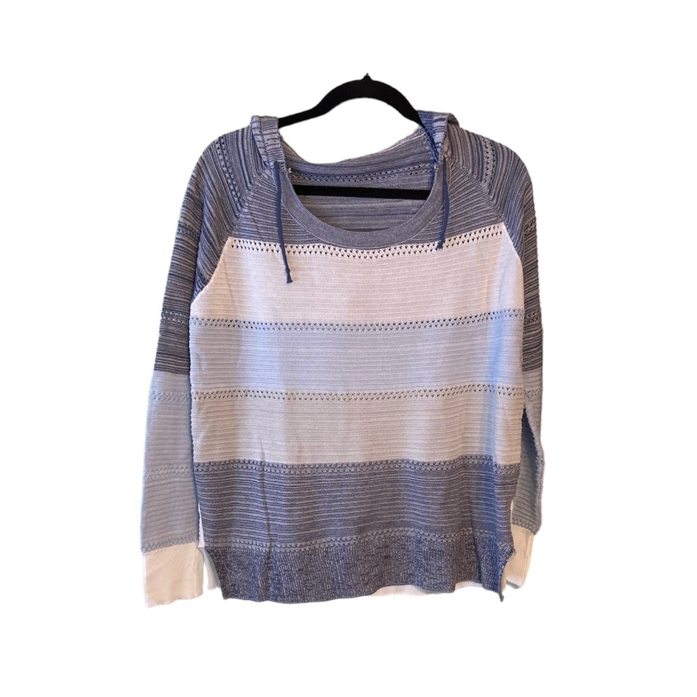 Women’s long sleeve hooded lightweight pullover sweater blue stipe Mediu…